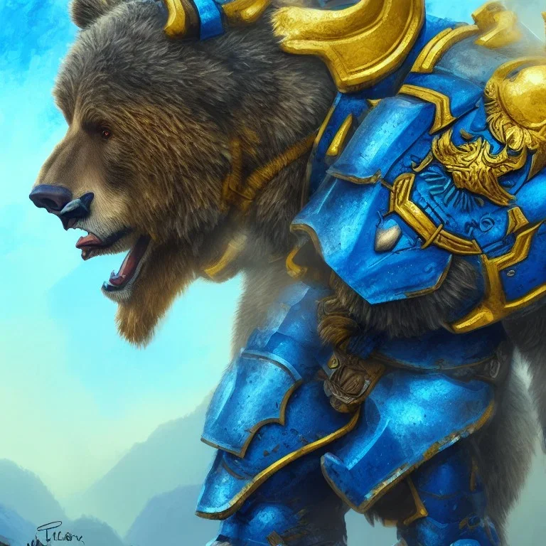 An angry bear warrior in blue and gold armor, background of Inka jungle, high detail, smooth, realistic, digital illustration, Artstation, artgerm,