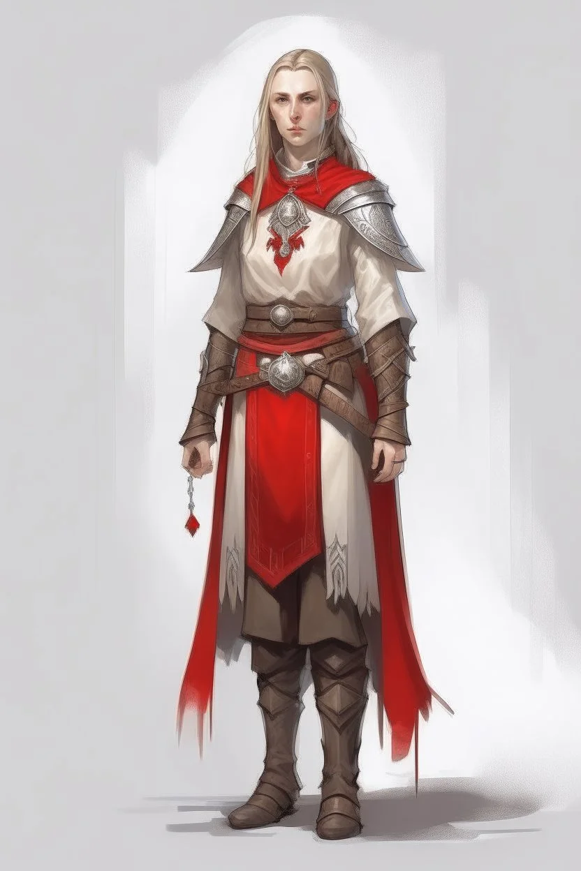 full length, tall, gangly, 22-year old, nordic looking female human cleric with a red beaded necklace, wearing scale mail