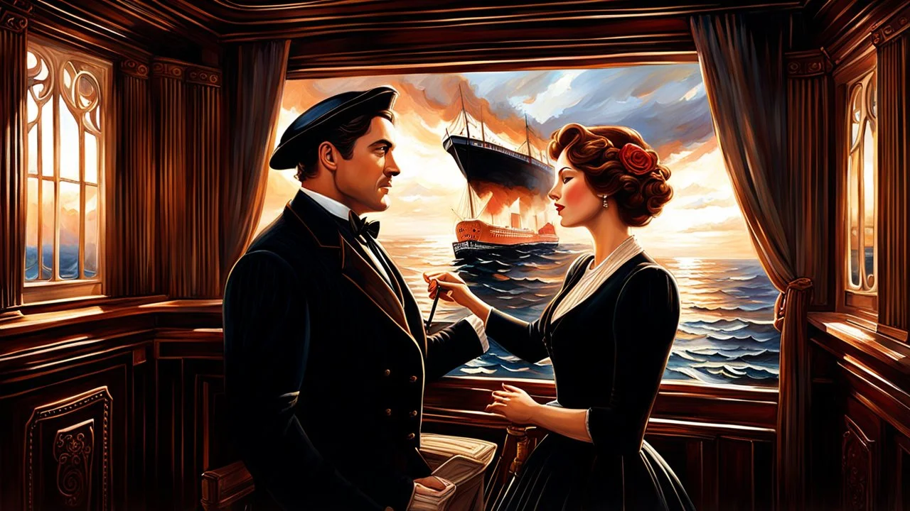 Imagine you are on board the Titanic, in the luxurious cabin where Jack and Rose share a moment of intimacy. Jack, a talented artist, decides to paint a portrait of Rose in this iconic setting. Describe the scene in detail, capturing the emotions and atmosphere as Jack carefully paints his muse on the canvas. How does Rose react to being immortalized in this way? What thoughts and feelings are running through their minds as they create this beautiful piece of art together? Let your imagination r