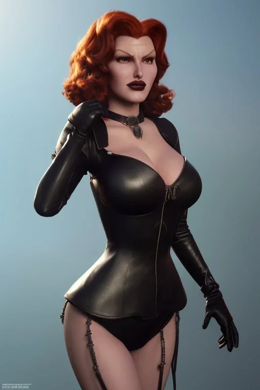 Rita Hayworth as evil queen in black leather, busty, cleavage, curvy, angry, stern look. character design by cory loftis, fenghua zhong, ryohei hase, ismail inceoglu and ruan jia. unreal engine 5, artistic lighting, highly detailed, photorealistic, fantasy