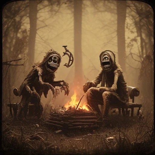 old zombie sitting near campfire, scary, steam punk, realistic, made in octane, cinematic, ultra-realistic, extremely detailed octane rendering, 8K, VRAY Super Real ar 2:3, dof photorealistic futuristic 50mm lens hard lighting dark gray tintype photograph, realistic lighting, sepia color