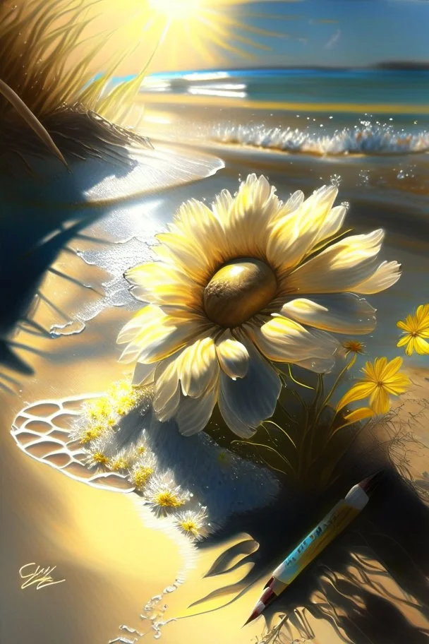 full light,highlight, water, day, sun day, an idyliic beach, ocean, sun,flower, paradise, realistic art, brush, pencil, detailed