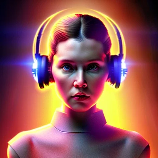 Headphones Christian Boshell cinematic photorealistic futuristic Star Wars princess leia style on glass head, intricate, volumetric lighting, 1024K, bold vibrant colors