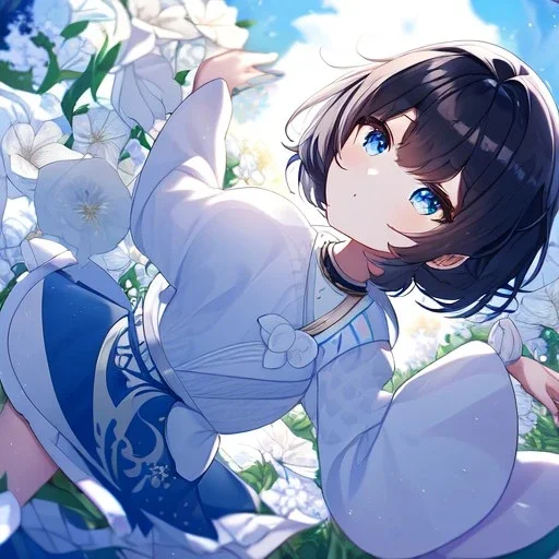 Clear focus,High resolution, Black short fluffy hair, and blue eyes, wearing a light blue short skirt with a white flower pattern near the bottom, Wearing light yellow cut sleeves that have white long flaps under it with a flower pattern near the end, wearing a white collar, Sighing