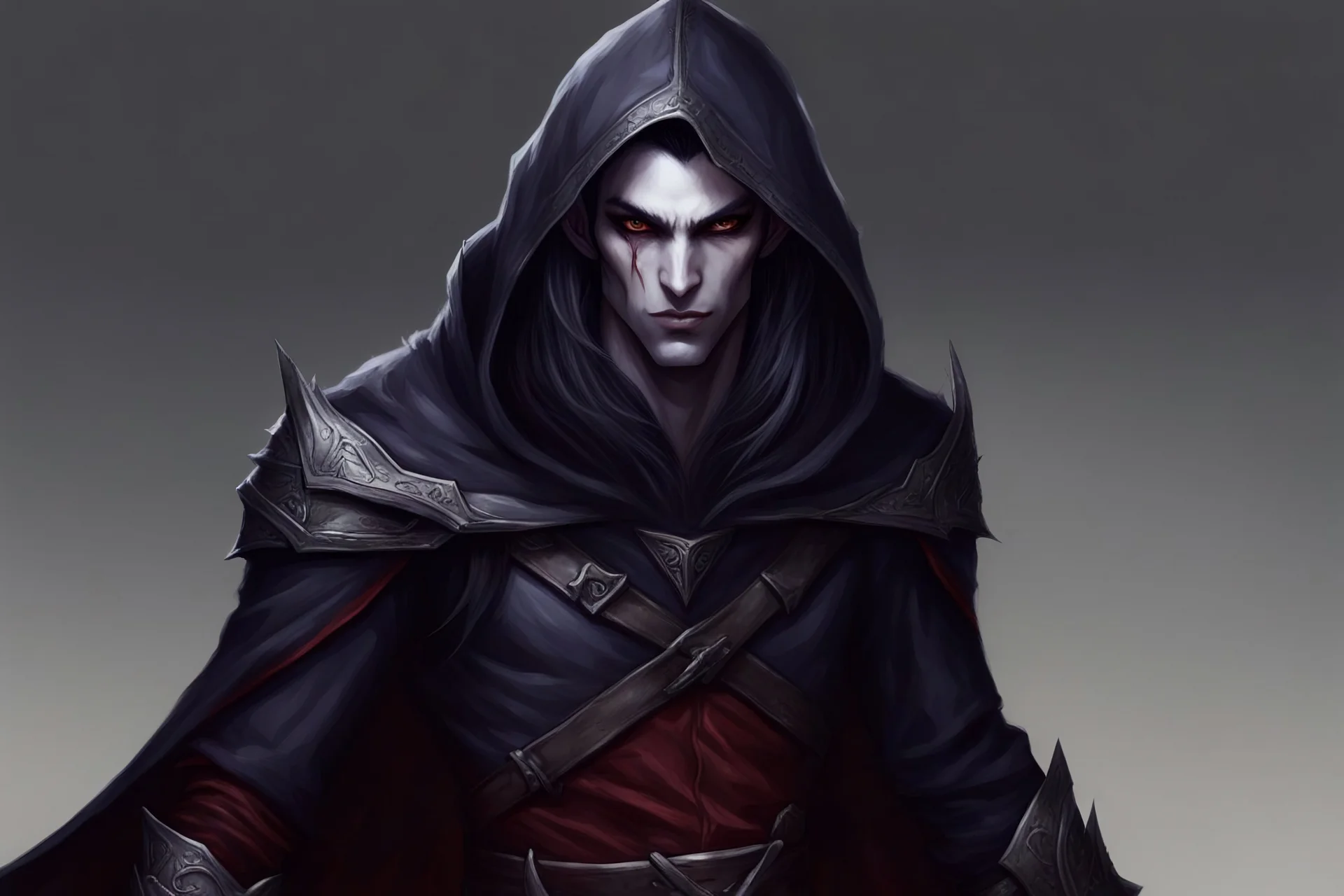 Dark elf male, rouge, dark hair, hood