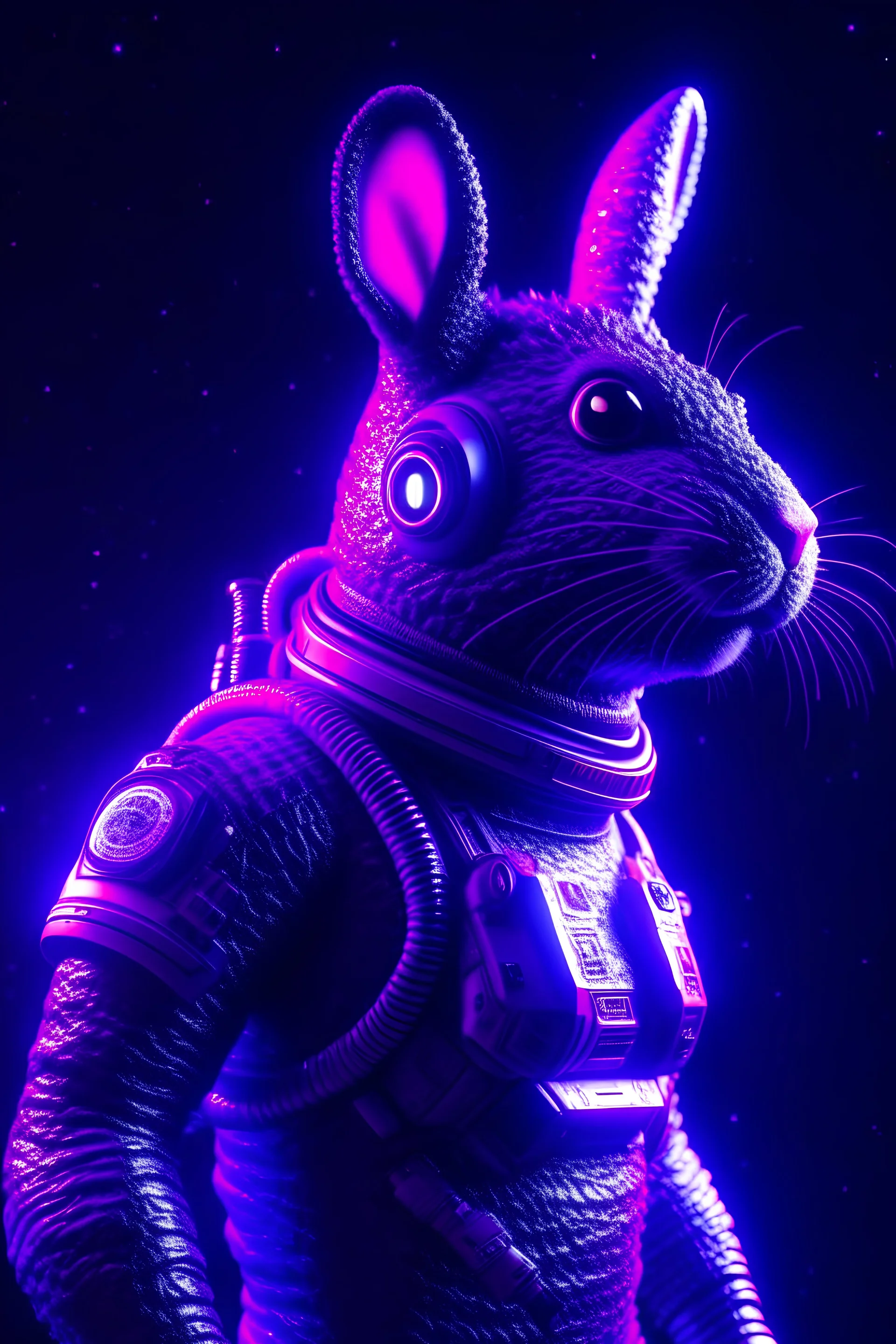 a dark purple head Bunny in space suits, surrealism, retro space, full body, volumetric light, cinematic lightning, cgi rendering, unreal, trending Artstation, ultra detailed, intricate