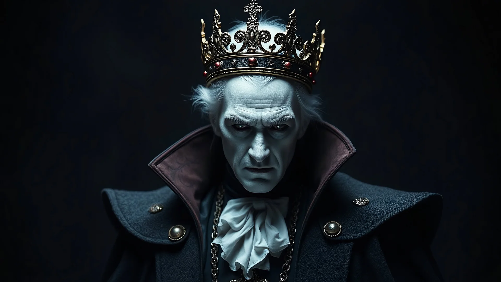 dracula, in a dark setting with a king crown, full body plate male, white hair