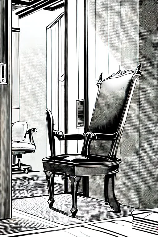 chair in the middle of an empty room, grayscale