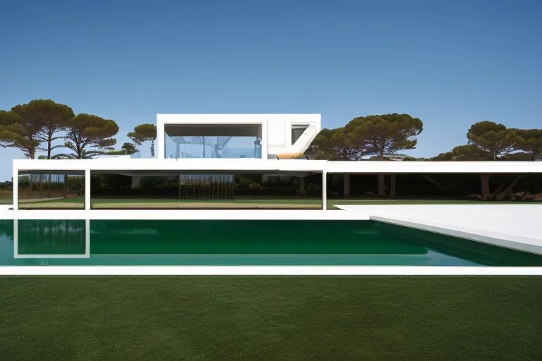 algarve in quinta do lago, one straight line building of 250 meters long pool, modernistic luxury architecture with wood and gold metallic pergolas with pool on rooftop, on a slope with pinus pinea, a road wrap around for low speed veicular road