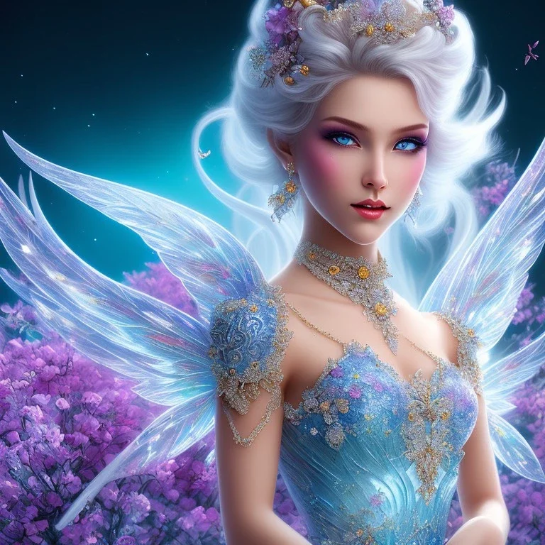 bright ice fairy, beautiful portrait, flowery landscape