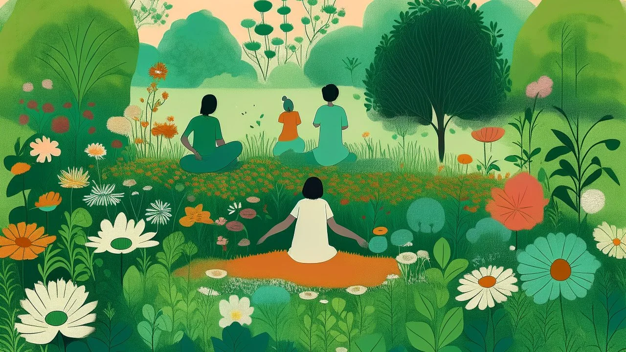 An illustration by Rothko and Miyazaki of of individuals practicing yoga surrounded by blooming flowers and lush vegetation.