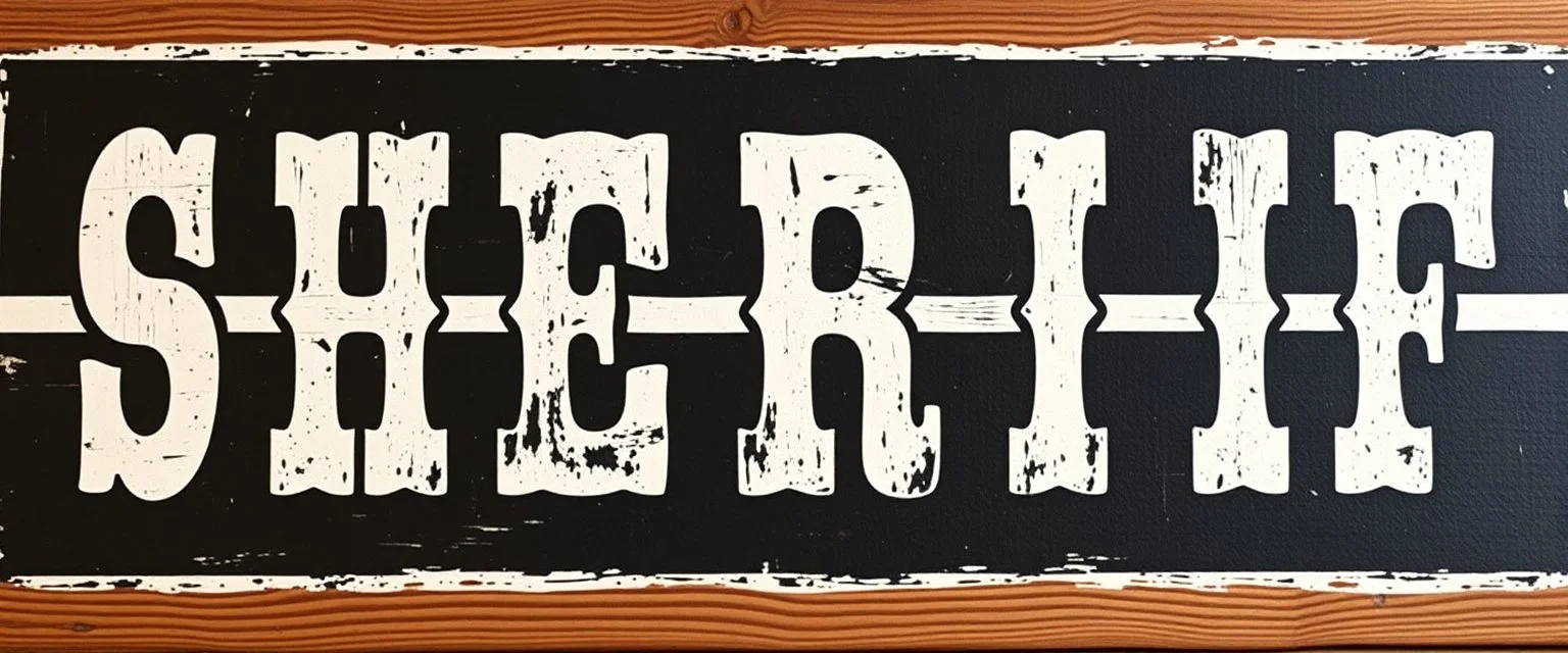 fill composition with large and wide historical hand painted old western sign that reads: "SHERIFF" white on black with inset white stripe boarder aged paint on wood sanserif