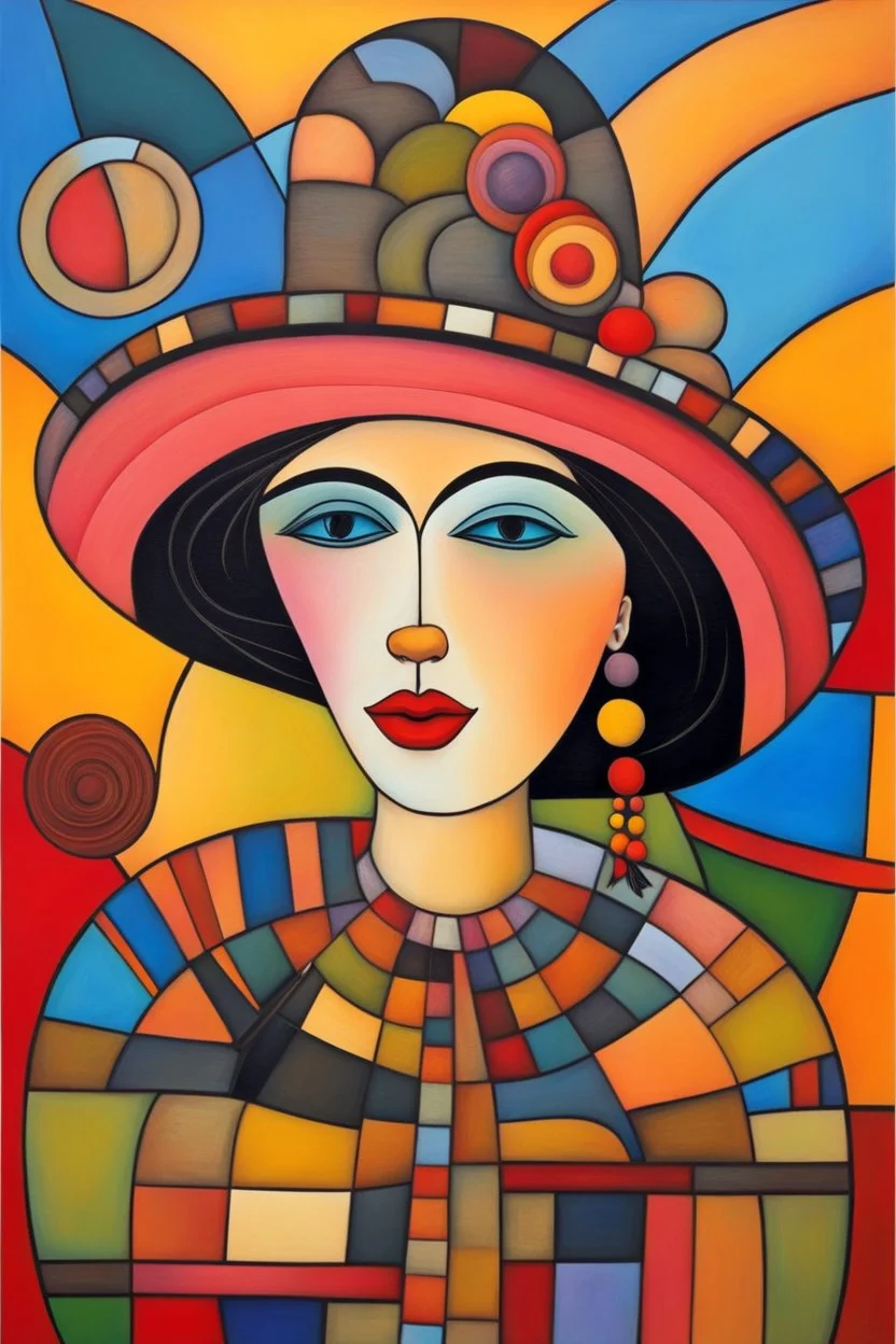 Lady in big hat, rough face, vibrant colors, children catalan folk art, patchs, black lines, non-figurative mode, combined abstract art with Surrealist fantasy in dadaism, surrealism style