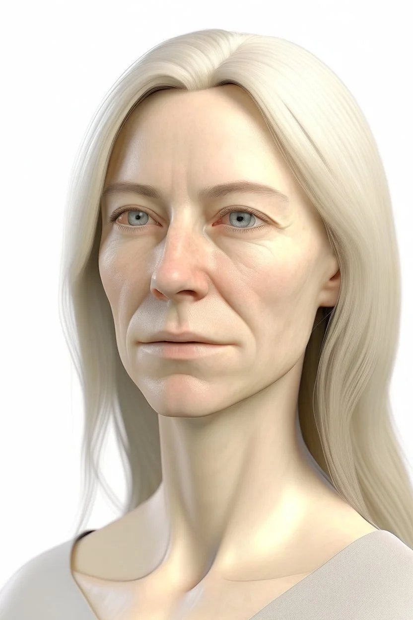 realistic, (39yr old female)without makeup, beautiful face, angled head position, studio lighting, cinematic light, beautiful woman, milk beige middle hair, on white background, 8k Resolution, highly detailed, non-symmetrical body and detailed hairstyles and skin texture