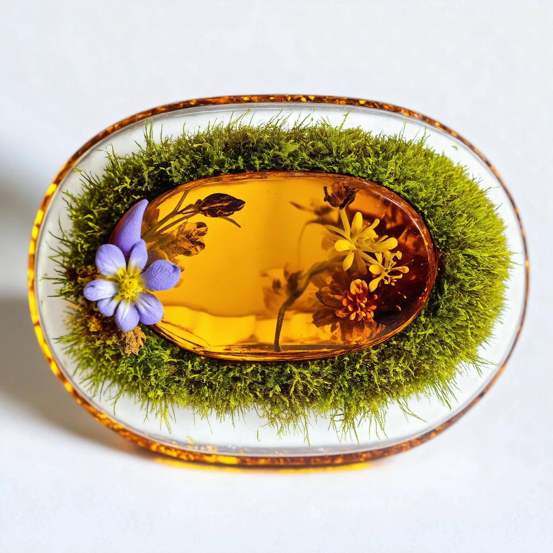 flowers and moss in an oval piece of amber white bg