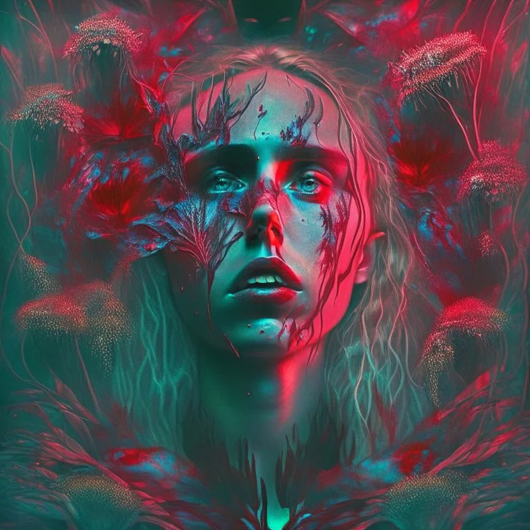 iridescent, Singer Danish MØ face, blood, futuristic, guts, wildflower, cosmic, intricate, darkred tones,sidhe, ominous, nature, plants,