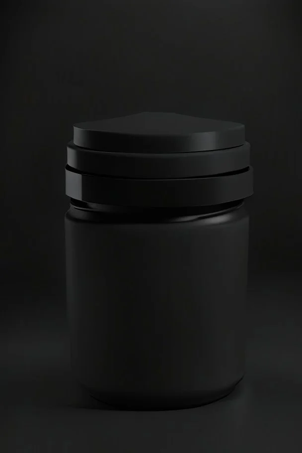 black container, plastic, realism, with screw lid, no labels, round container, view from the front, protein powder, dark studio setting, black background, wider body than lid