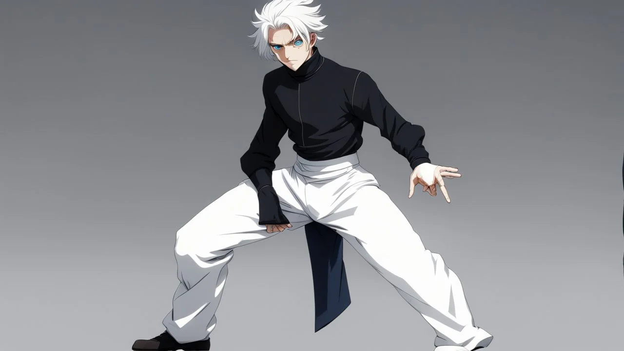 Satoru Gojo is a young guy white hair blue eyes black turtleneck without arms white loose pants in a defensive pose