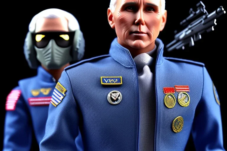 Plastic Mike Pence as G.I. Joe toy Doll figure With a pistol space force Blue fabric uniform, black Moonboot