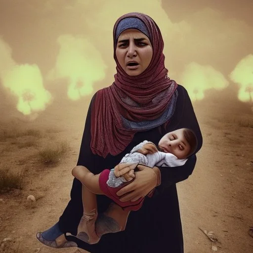 A Palestinian woman wearing the Palestinian dress carries her dead son as she screams and cries at night, with explosions in refugee tents behind her.