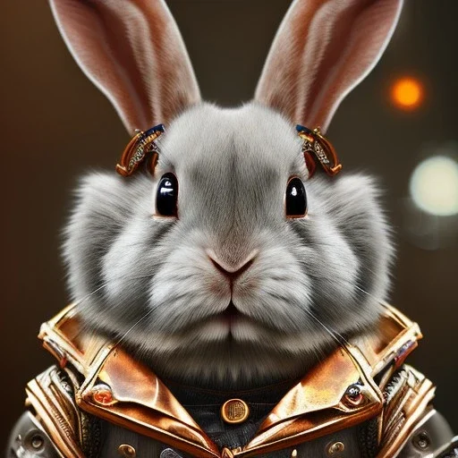 steampunk rabbit, extremely detailed, UHD, 8k,The close-up camera effect,sharp focus,perfect, background forest,position,hyperphotorealistic