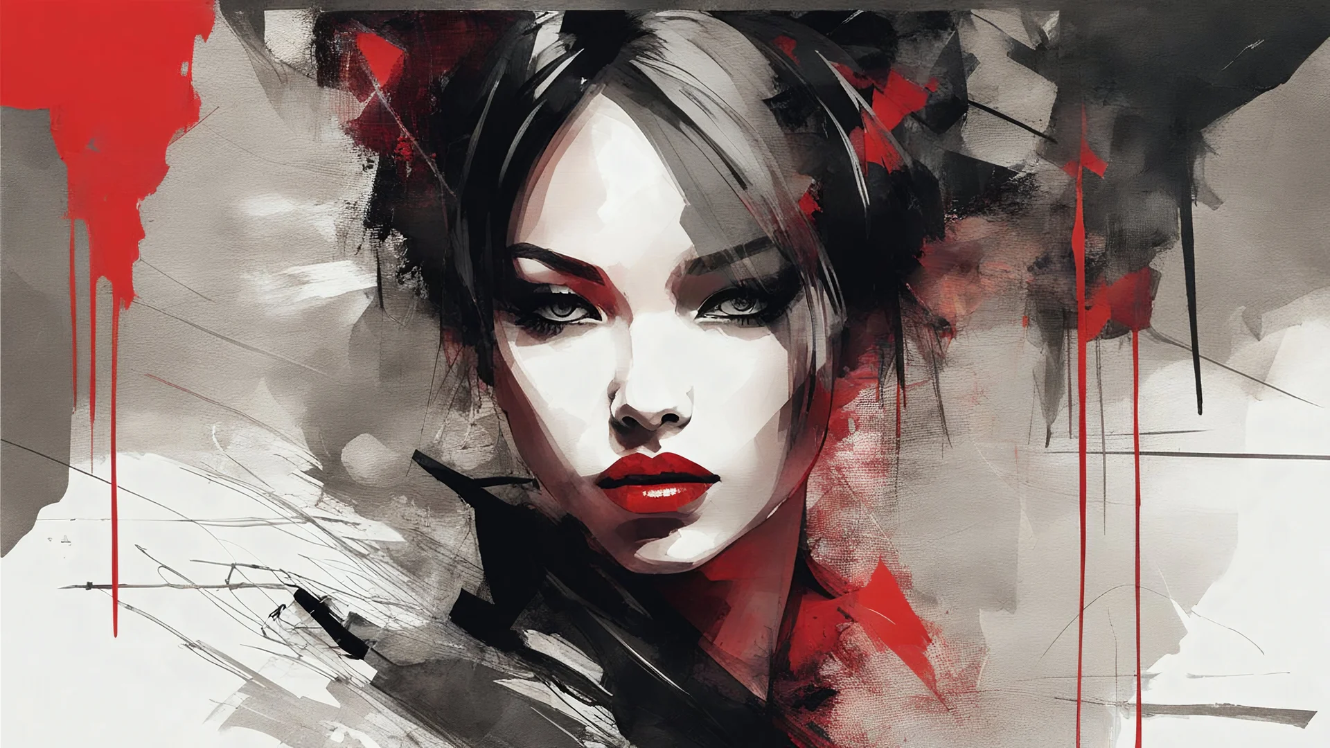 aesthetic, painterly style, modern ink, kurumi, red and dark, sensual, sultry, dark blouse, expressive pose, urbanpunk, abstract texture multilayer background, neo-expressionist , Russ Mills, Ian Miller