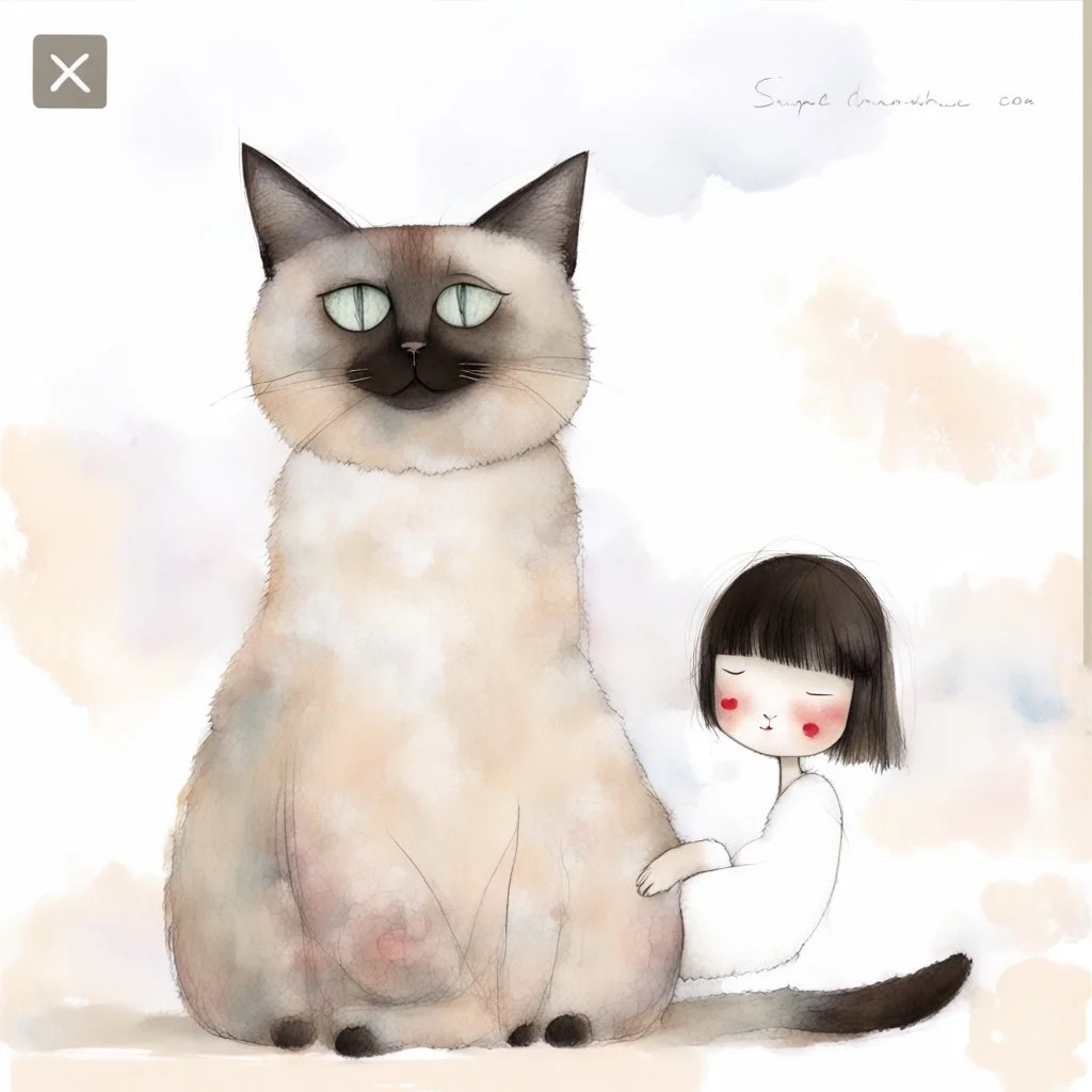 girl and a fluffy Siamese cat, naive childlike proportions, girl in profile with closed eyes and rosy cheeks, textured hair filled with white flowers and scribbled lines, simple floral dress, cat with eyes closed and tiny red hearts above its head, mixed-media acrylic and pencil texture, muted vintage pastel colors, warm beige background, dreamy feel, soft and imperfect hand-painted, naive art style.