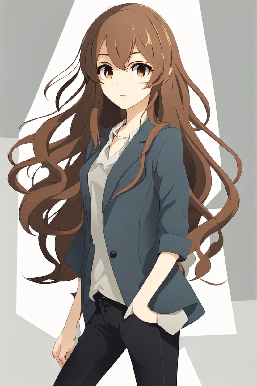 attractive anime woman with brown long hair, modern clothes, full body in frame