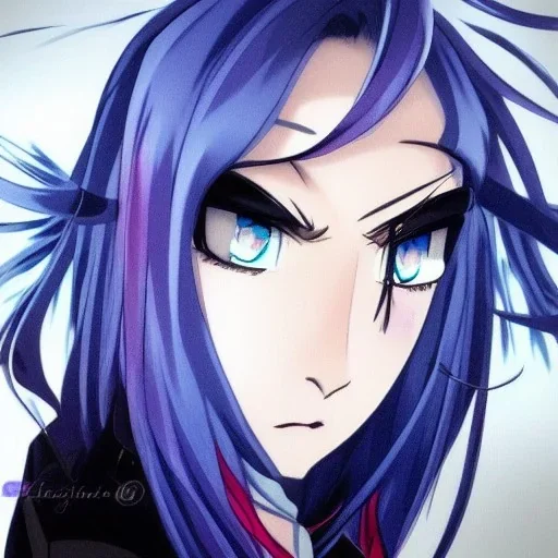 crystal blue eyes, and dark pink hair, teardrop shaped eyebrows, woman, angry expression, anime style, pointy ears