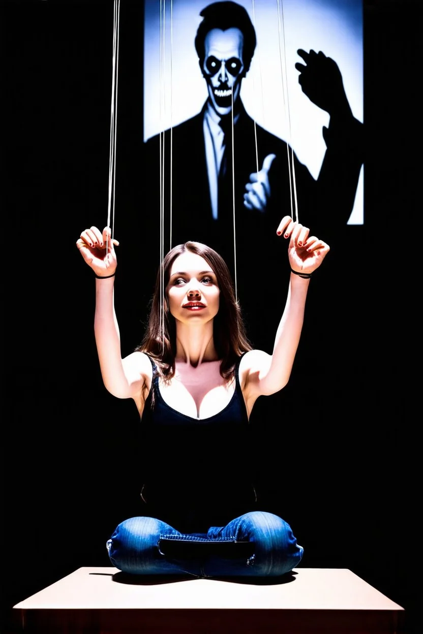 a digital image of a woman seated on a table, she is connected to string like a puppet, arms in air, moved by the strings, puppet like features in the face, beautiful face, behind her is a huge image of a man holding the strings, creepy character,.zoomed in, dark and shadowy background with selective lighting on the woman