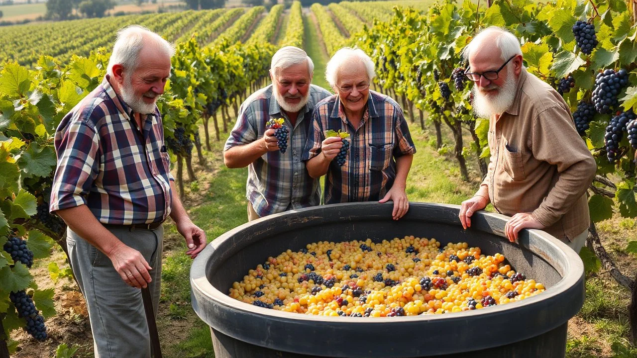 Elderly pensioners in a vineyard treading grapes in a large trough, standing in the trough in their bare feet, as the first stage in making wine. There are acres of vines with lots of ripe grapes. Everyone is happy. Photographic quality and detail, award-winning image, beautiful composition.