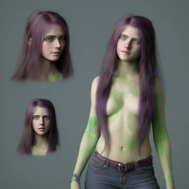 long purple haired human girl with bright green eyes, short horns