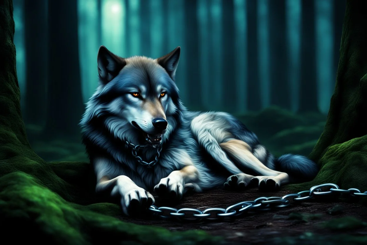 wolf with a chain around its neck laying down, photorealistic, dark fantasy, forest