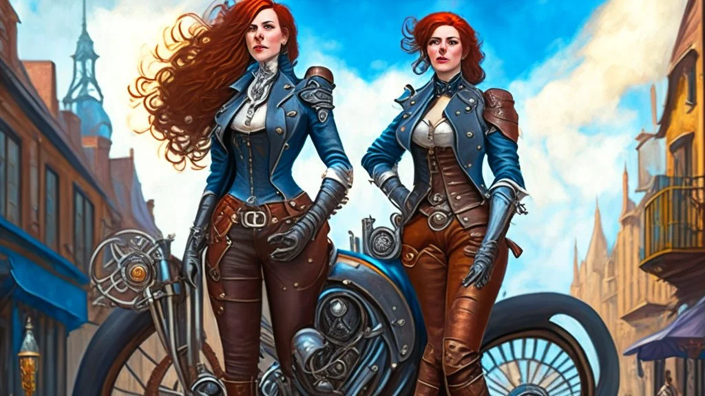 full-height portrait of a woman with straight shoulder-length auburn hair, with metal arms and legs, dressed in leather trousers, and a waistcoat, in a Victorian street next to a steampunk motorbike, blue sky