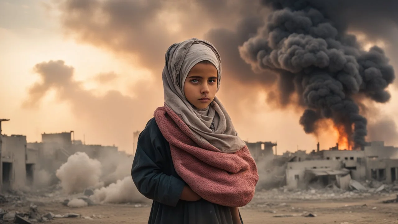 close young palestinian girl with a kuffeah. Large clouds of smoke rise from the land of gaza . With demolished buildings in the background. with sunset colors Made in the palestinian style