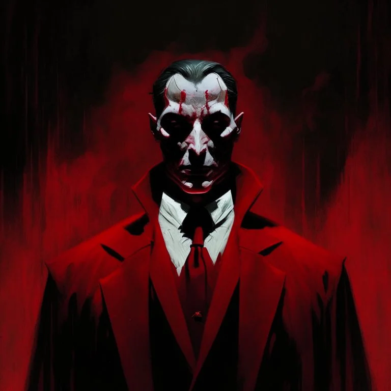 a sinister figure wearing a red suit and a priest's collar with no face and dirty slicked back hair