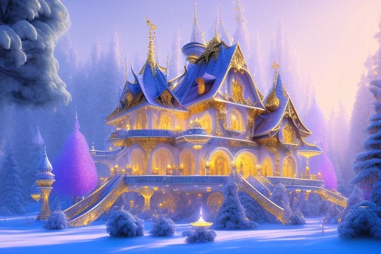 a magical crystal snow bleu gold house in the woods, white swanns,pink vertical, blue lake,sharp, vines, candlelit, endor, ornate, elegant, highly detailed, artstation, concept art, smooth, sharp focus, illustration, 8k, splash art, wallpaper, key visual