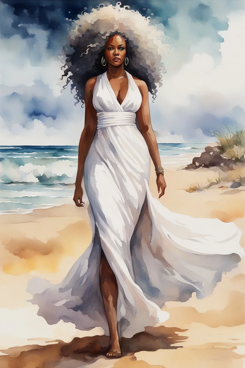 Create an urban culture watercolor painting of a beautiful thick black female wearing a soft white maxi dress and a white hair wrap. Prominent make up with lush lashes. Highly detailed tightly curly afro. Background of her walking in the sand by the ocean.