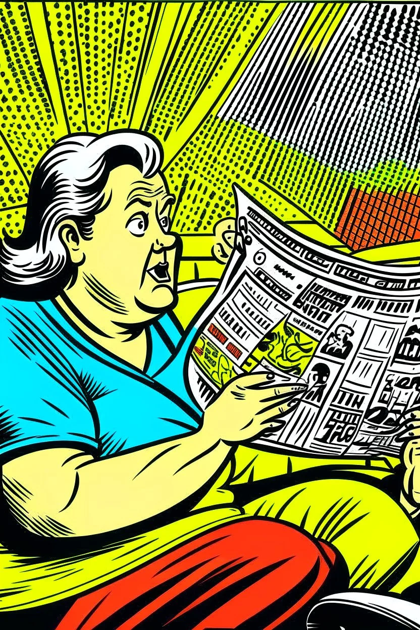 fat woman sitting on sofa READING NEWS PAPER listening to radio watching tv news WITH BIG BOTTLE OF SODA AND EATING BIG BAG OF POTATO CHIPS in a room with signs of propaganda in the style of roy lichtenstein