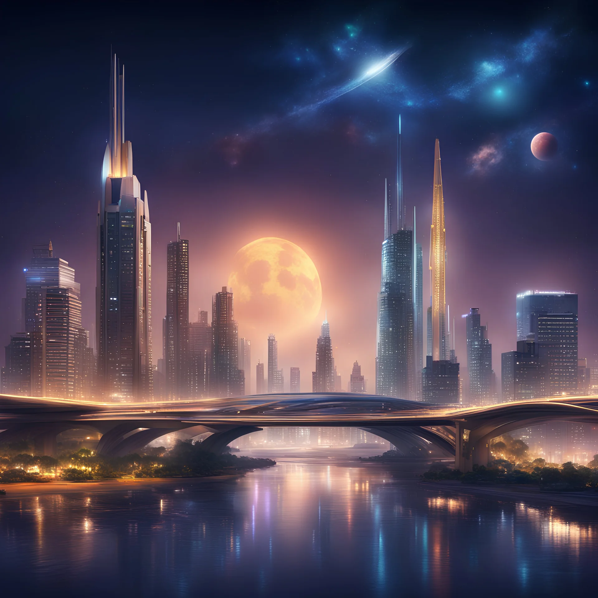 Generate a futuristic rendition of the Chennai skyline at night, with illuminated skyscrapers, glowing bridges, and sleek futuristic transportation systems and its floating in the Galaxy with islands
