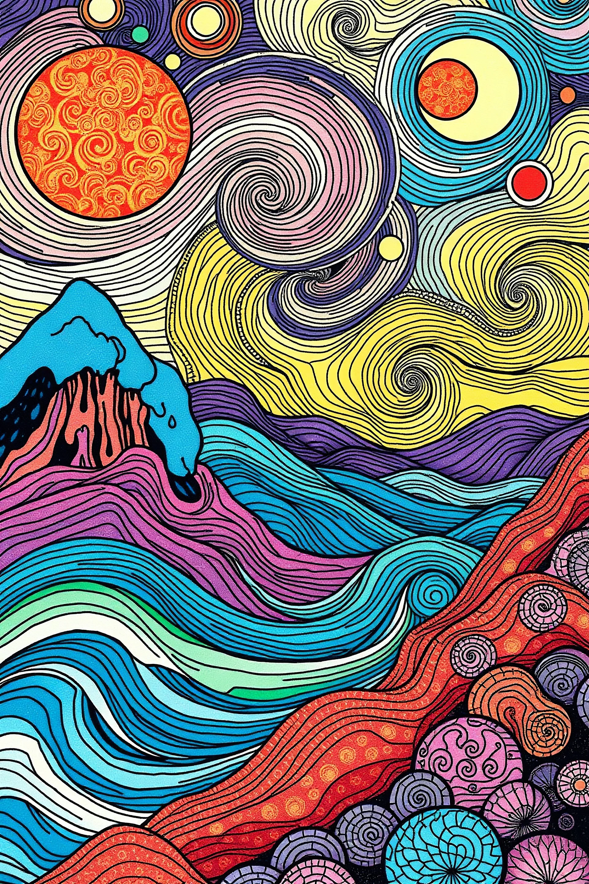 random color Zentangle patterns in the style of japanese art and Ukiyo-e mixed with the style of Van Gough with cosmic swirls, planets and rolling hills and oceans