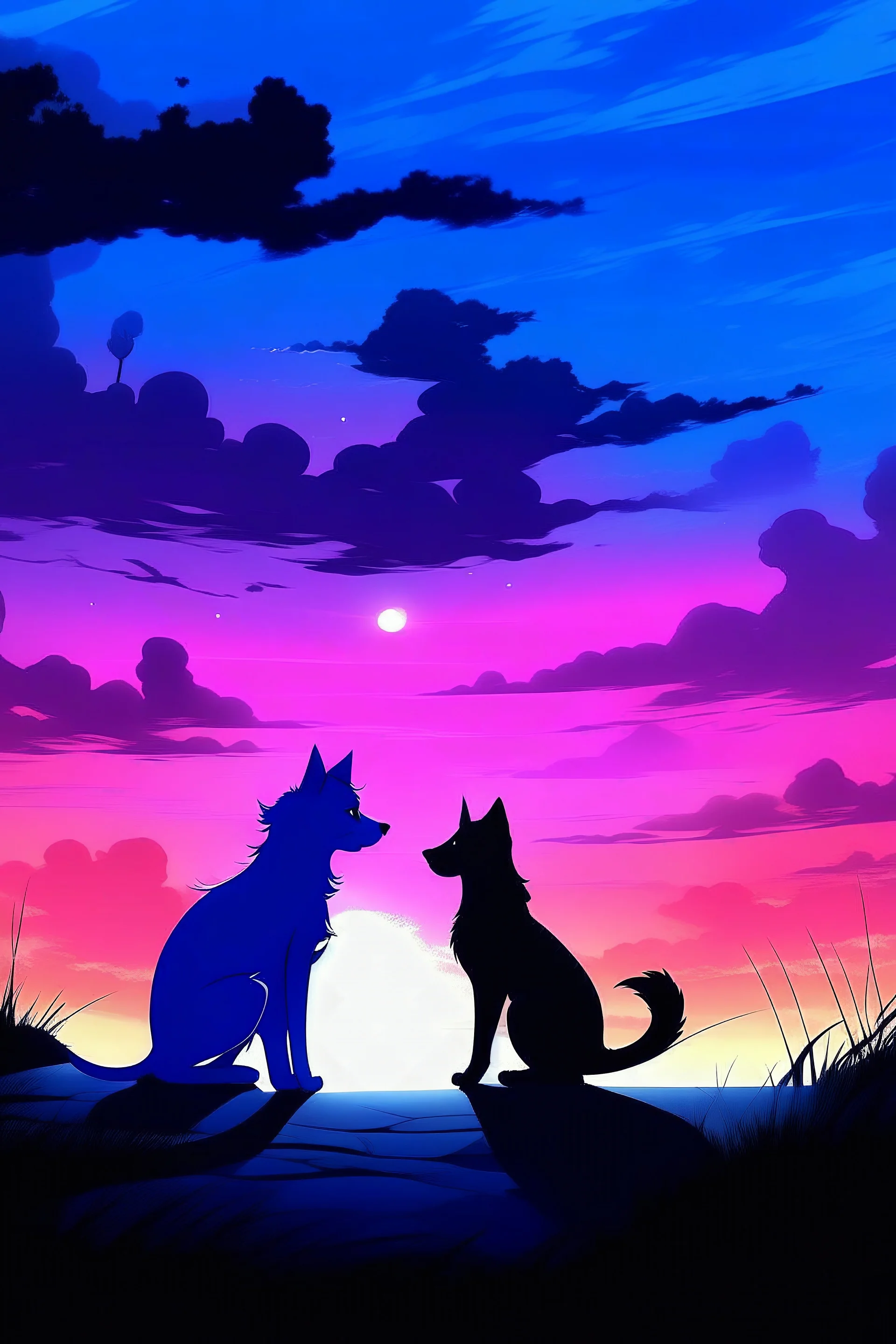 The image shows the silhouette of a cat and a dog against a beautifully colored sky at dusk, with shades of pink, purple, and blue. The cat appears to be playfully raising one paw towards the dog, while the dog is seated and looking in the cat's direction. The scene has a peaceful and serene vibe, evoking a sense of companionship or playful interaction between the two animals.