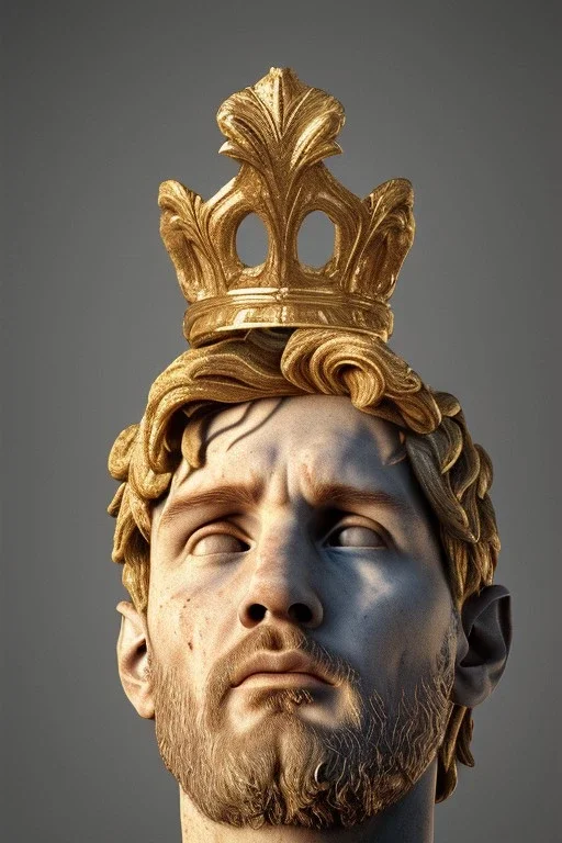 Realistic image, Roman sculpture made in marble with gold veins, Lionel messi, gold laurel leaves crown, waist up portrait,marble material, gold ornaments, Renaissance style, sun rays background, epic, celestial, cinematic lighting, God lights, 4k resolution, smooth details, soft lighting, unreal engine 5, art station, substance 3d.