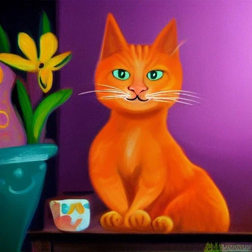 Happy ginger cat on pink sofa, Pixar style art