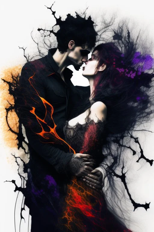 Explosive abstract image of a beautiful gothic couple in embrace