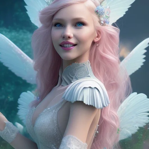 a large pink castle, a cheerful fairy in front, big smile, pink, blonde hair, beautiful, whole face, whole top hair head, wide open blue eyes, transparent wings onn the back, hyperrealism, masterpiece, expert, cinematic lighting, sharp focus, 8K, pastel, macro lens, woman, detailed, flower