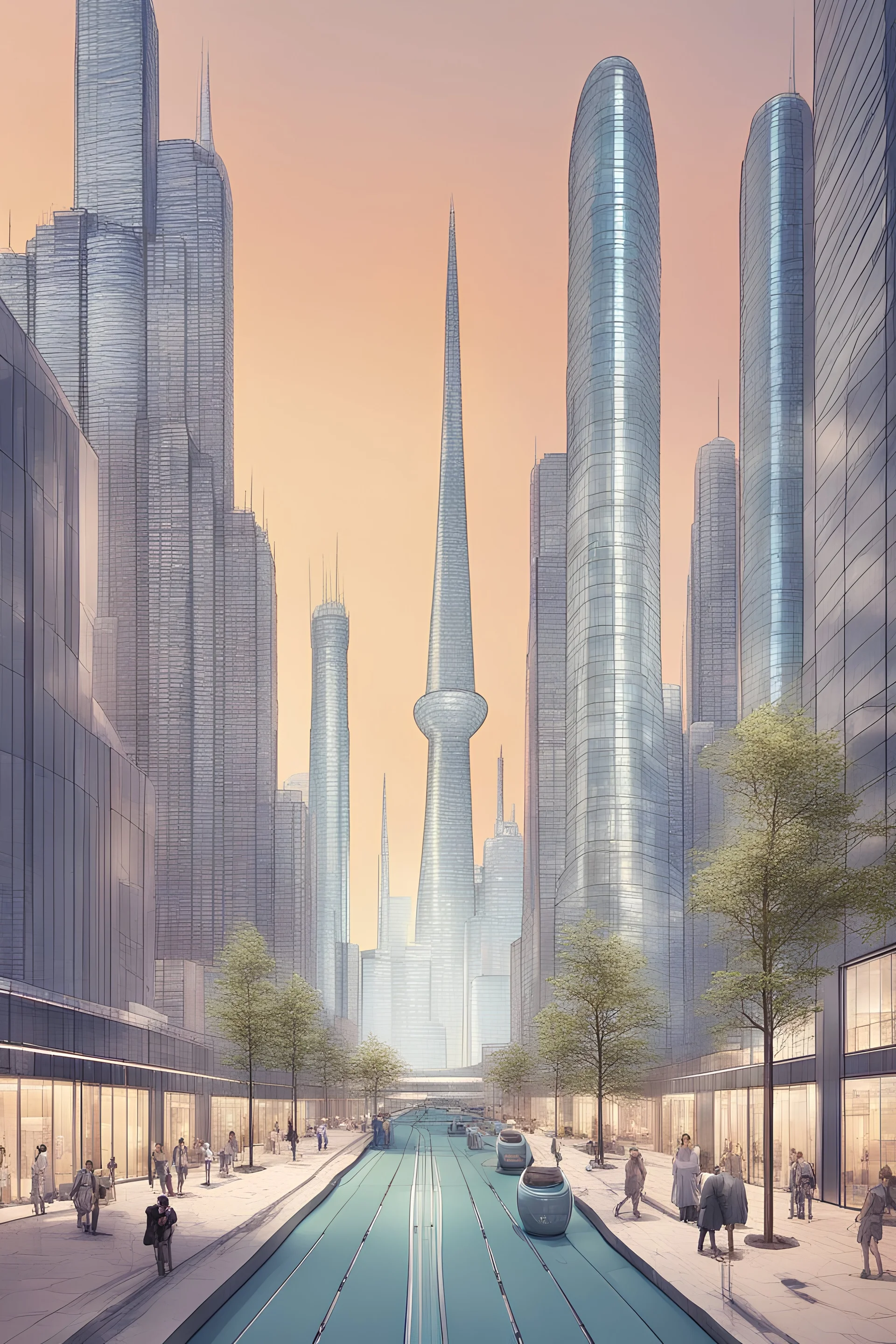 "Imagine a city 100 years from now. The buildings are sleek and towering, made of glass and steel, with lights that change color based on the time of day. Robots and self-driving cars move smoothly along the streets. In the distance, a clean energy source, like a solar farm or wind turbines, is visible on the horizon. The city is filled with green spaces, and people are using advanced technology to work