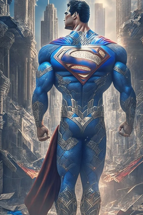 Superman. In a new, sophisticated suit decorated with a Mandala pattern. Strong, fit body. Muscles. A cinematic scene. A destroyed city scene