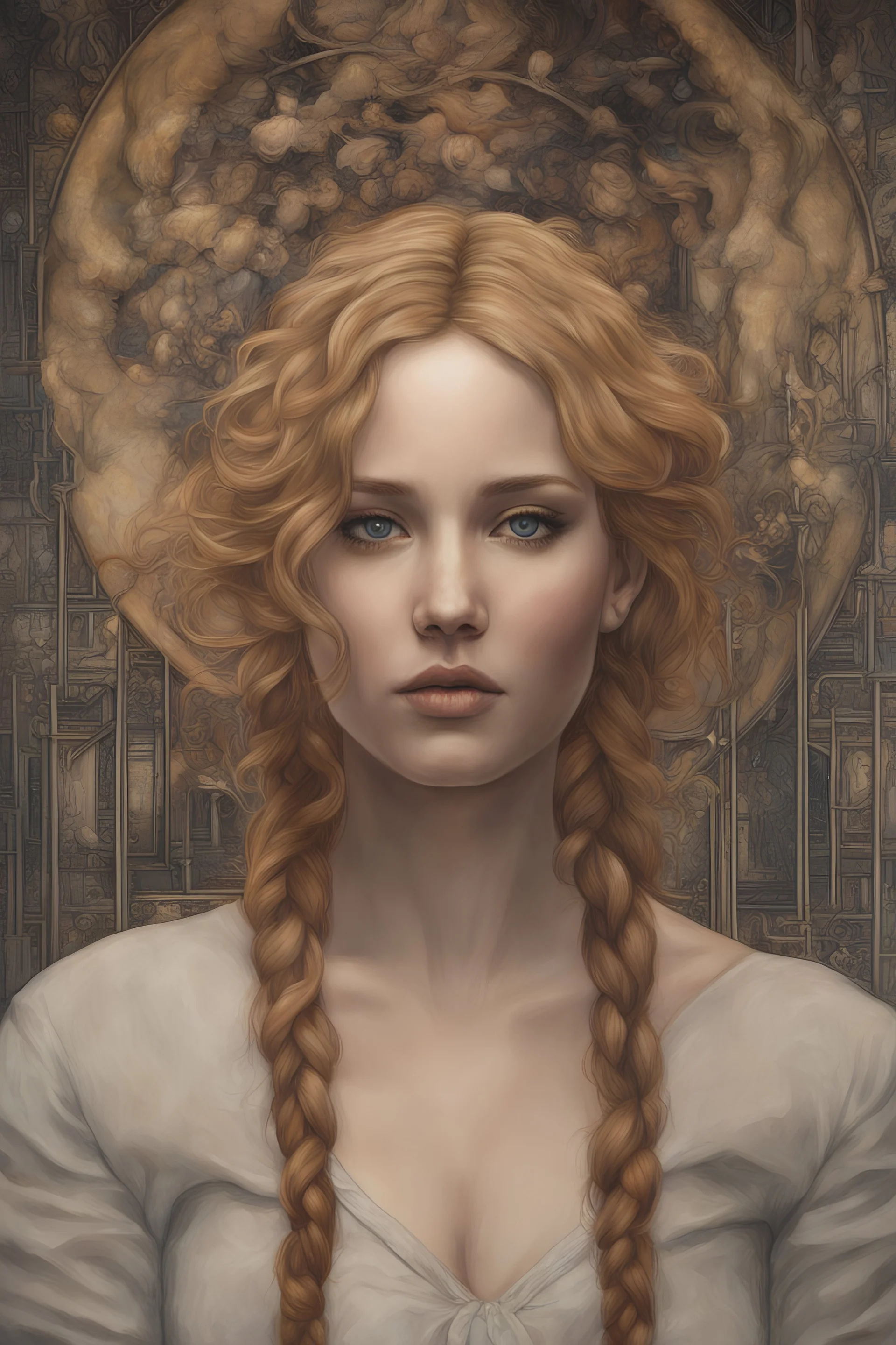 Ginger hair Jennifer Lawrence psychology erect oil paiting In depth psychology display Hans Ruedi Giger style, dream, symptom, image in the background in the city artgerm display Gustav Klimt style artgerm display in the Barcelona the 18th century oil paiting. Sigmund Freud's trip to Barcelona the 18th century oil paiting was like an adventure , and the city itself seemed like a big illusion, full of light and shadows.