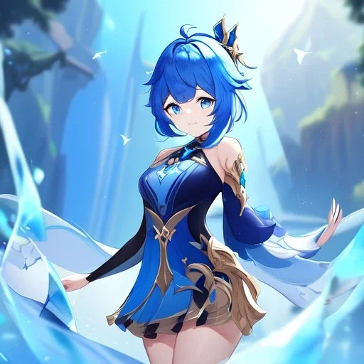 Clear focus,High resolution, Vibrant short blue hair, Vibrant blue eyes, Genshin impact inspired outfit, wearing a short skirt